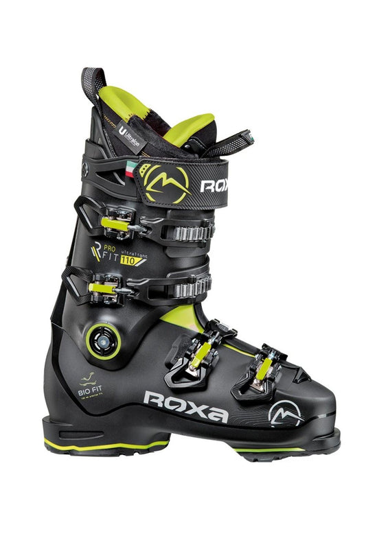 men's Roxa R Fit Pro 110 ski boots, black and lime green