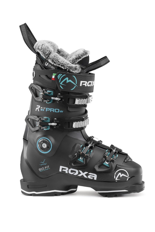 women's Roxa R Fit Pro 85 ski boots, black with teal accents and furry liner