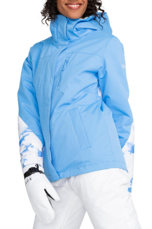 women's Roxy Jetty snowboard jacket, light blue with cloud graphic accents
