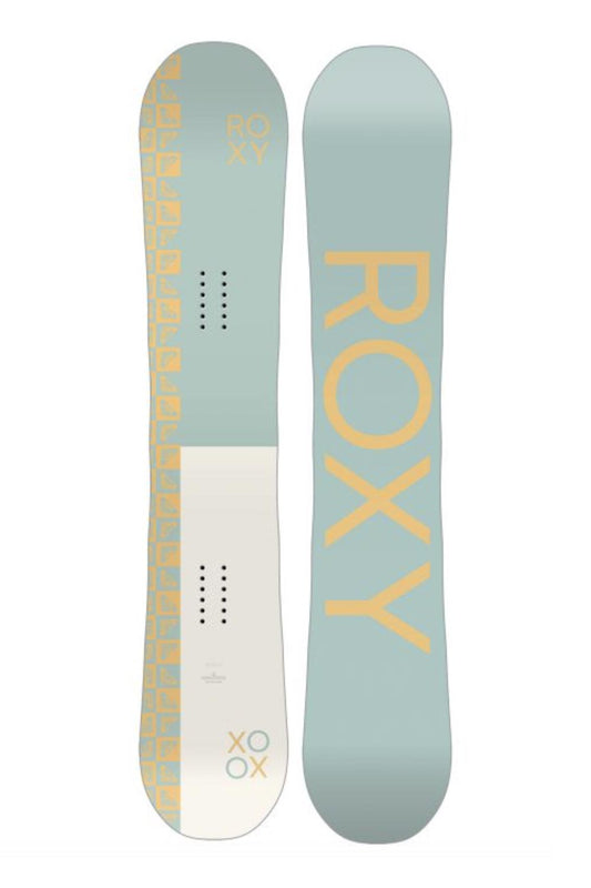 women's Roxy XOXO snowboard, mint green white and yellow accents