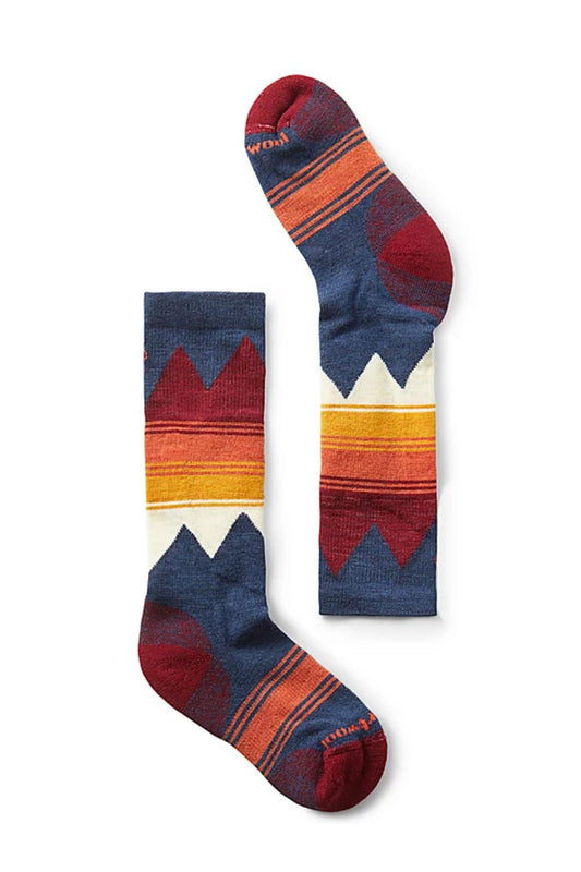 Kids Smartwool ski socks, blue, red, orange and yellow striped pattern