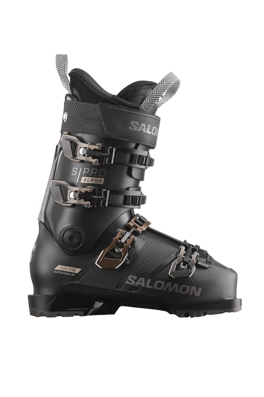 men's Salomon SPro Alpha ski boots, black with metallic accents