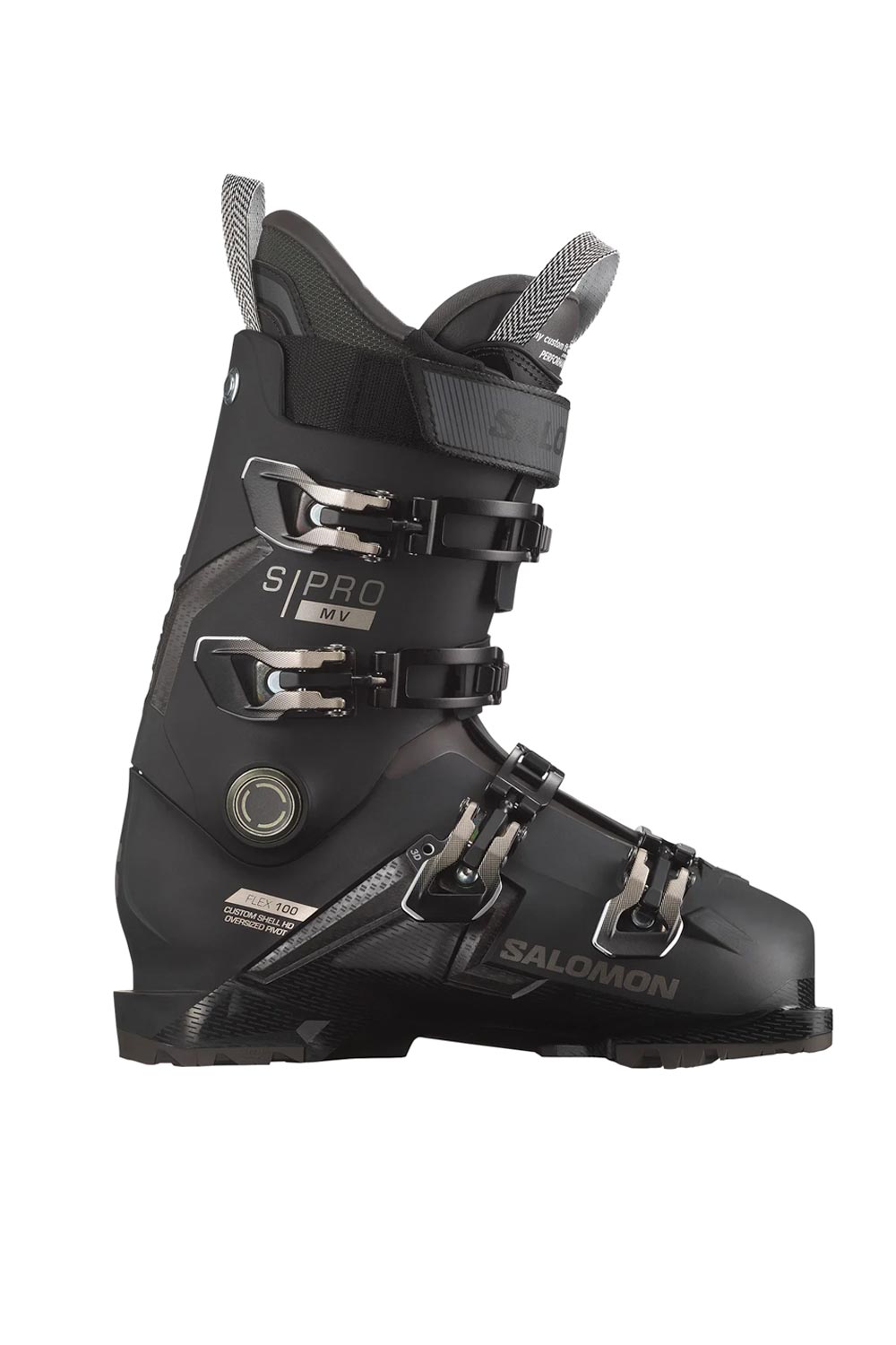 men's Salomon SPro 100 ski boots, black with metallic accents