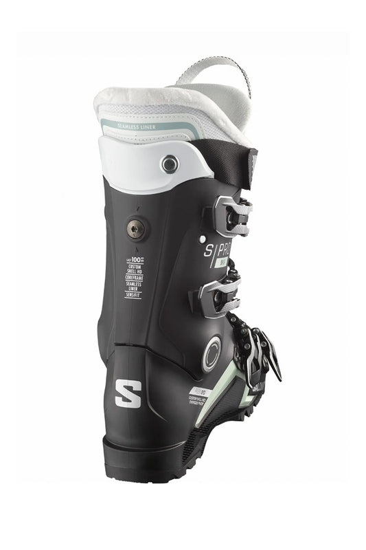 women's Salomon ski boots, black with silver and light green accents