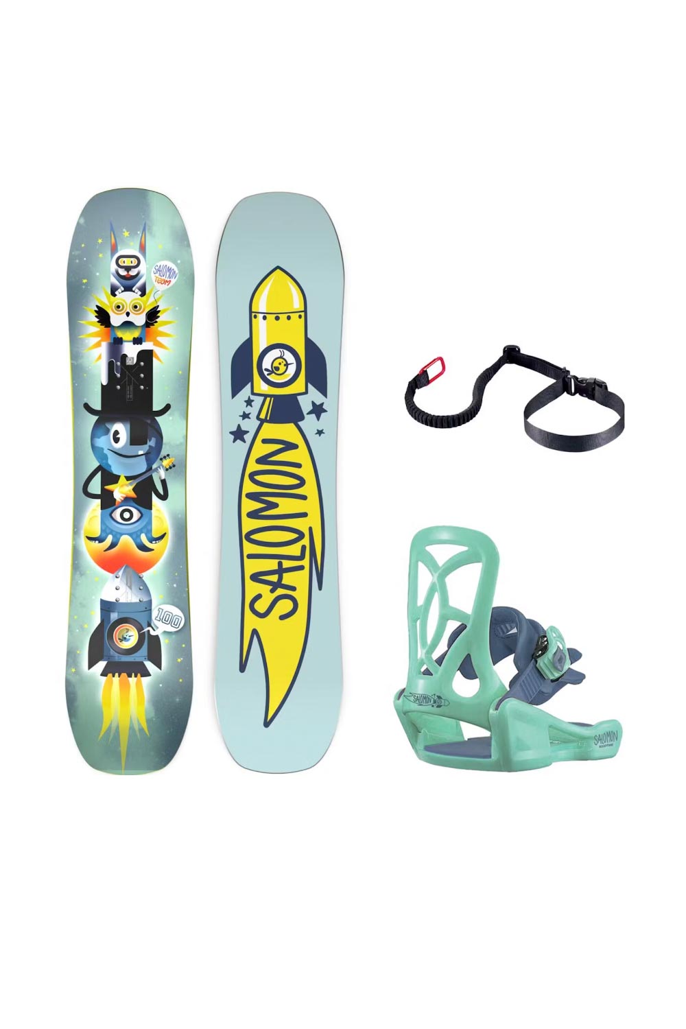 Salomon Team kids snowboard package includes board, bindings and leash