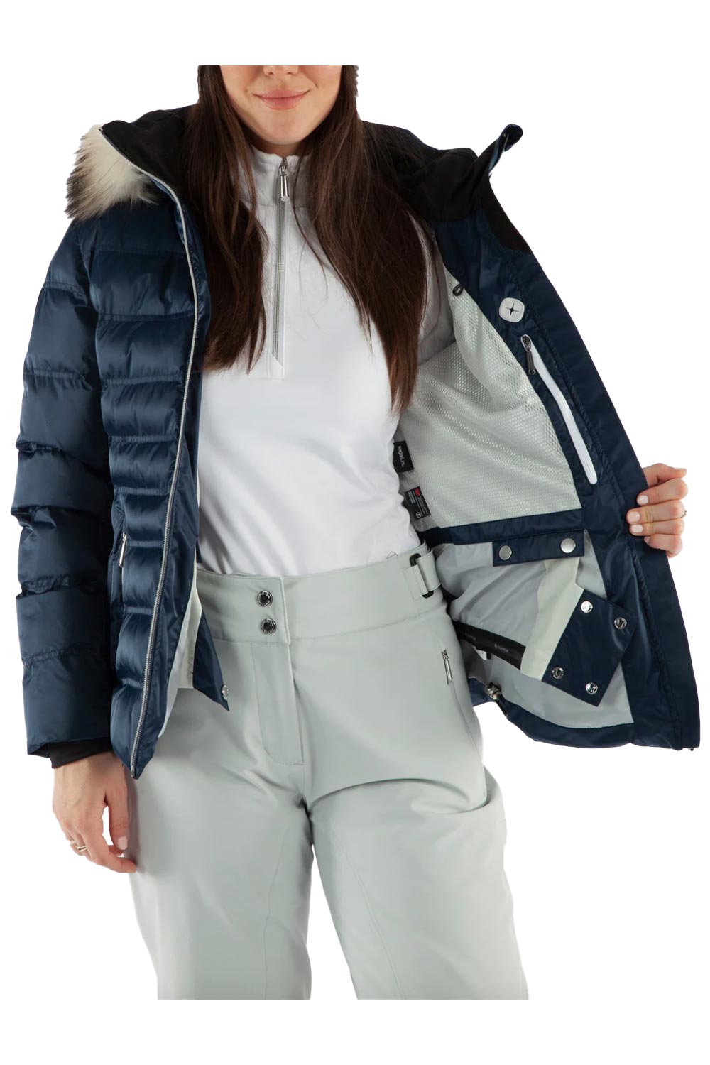 women's Sunice Fiona ski jacket, blue with fur hood