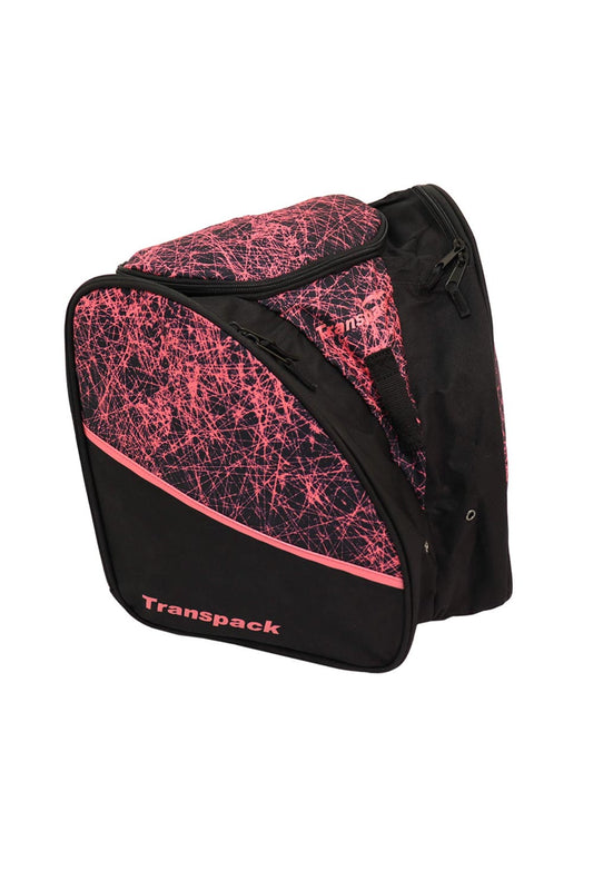 youth ski boot and gear backpack bag, bright pink splatter pattern