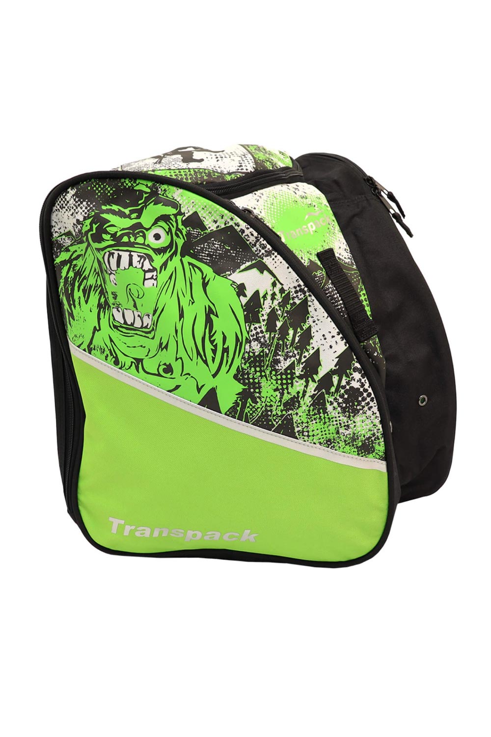 Youth ski boot & gear backpack bag, bright green Yeti pattern
