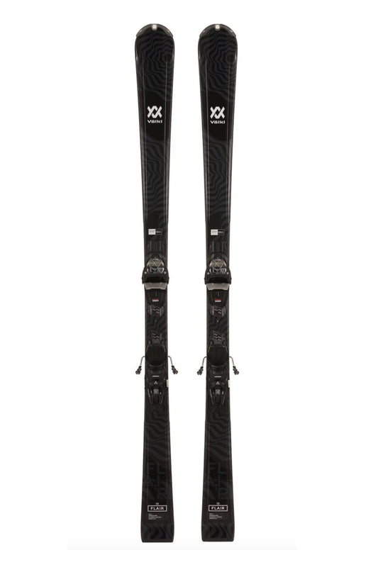 women's Volkl Flair skis with bindings, black with gold accents