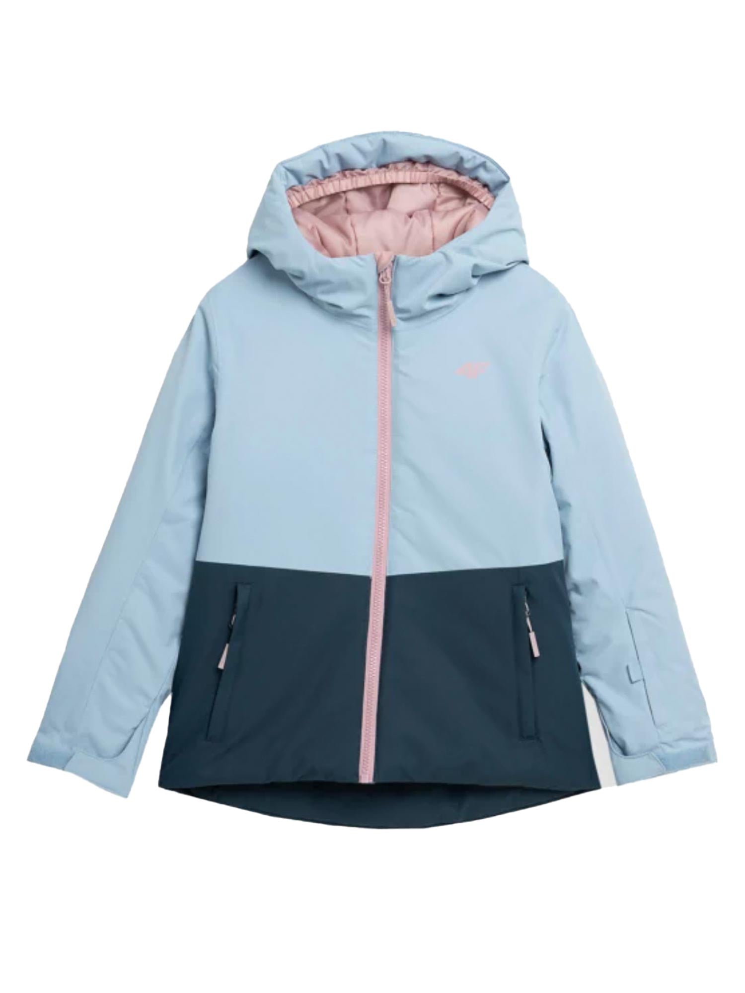Girls' ski jacket, light blue navy blue pink accents