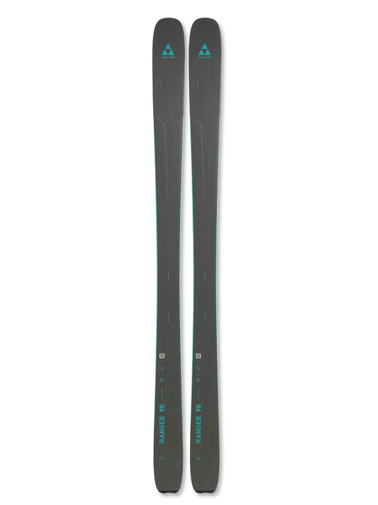 gray Fischer Ranger 90 skis with teal accents