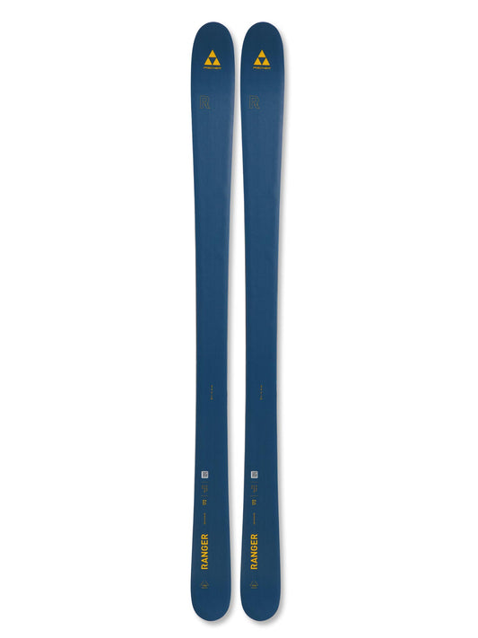 Blue Fischer Ranger skis with yellow accents