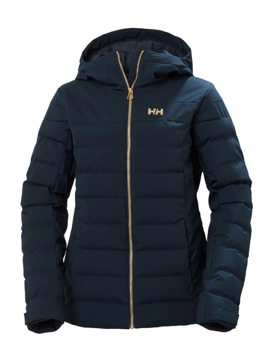 women's Helly Hansen puffy ski jacket, navy blue with gold zipper