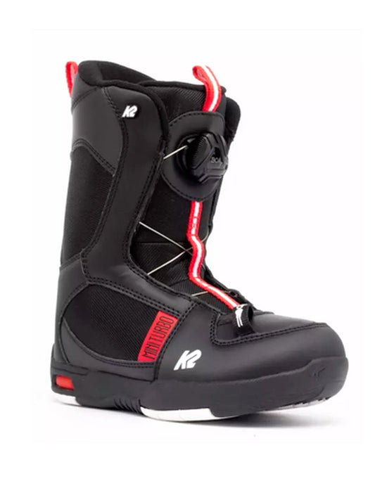 Black K2 Mini Turbo kids snowboard boots with red and white accents
