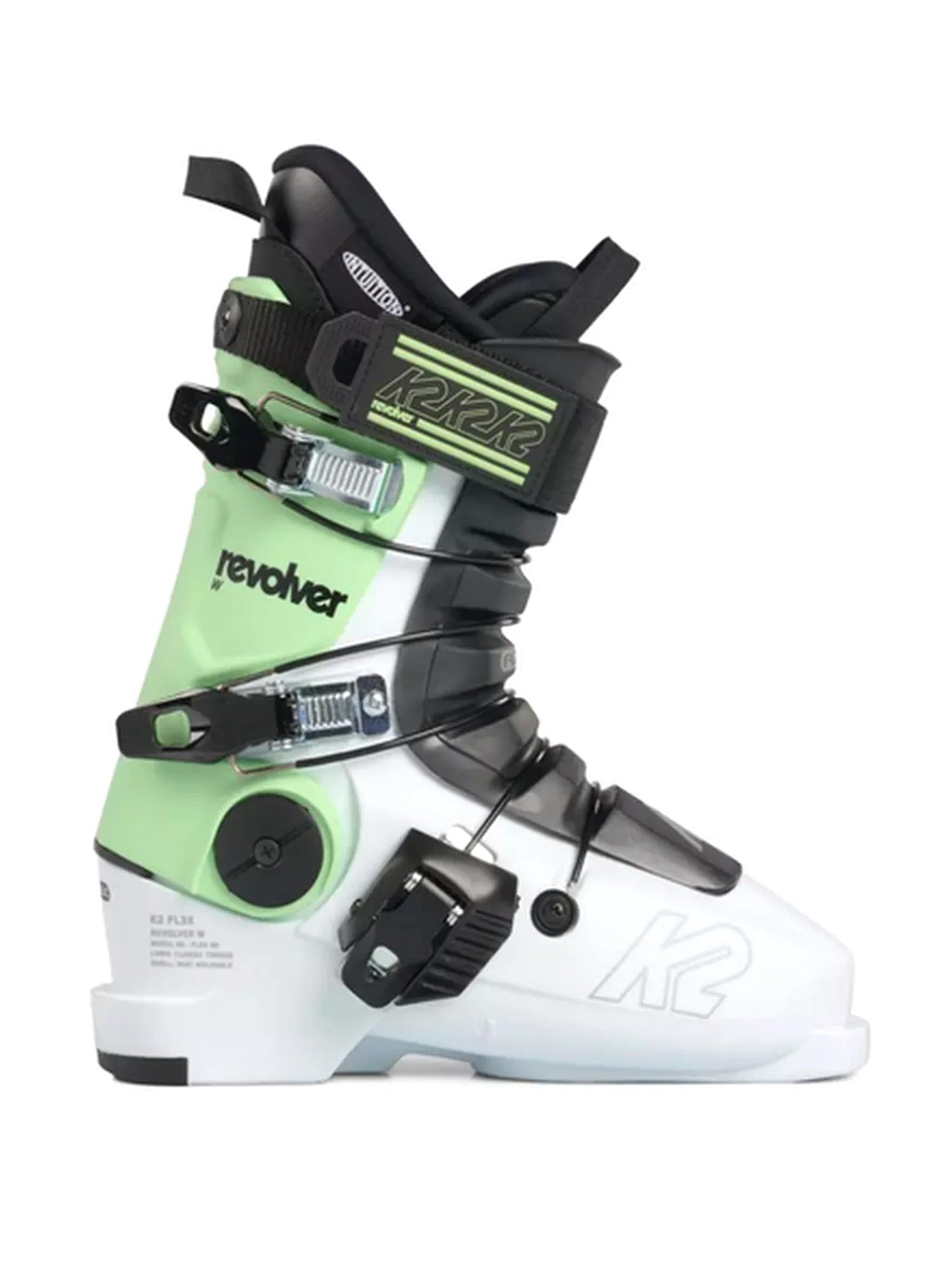 women's K2 Revolver ski boots, mint green, black and white