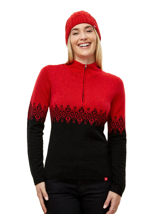 black and red half zip ski sweater