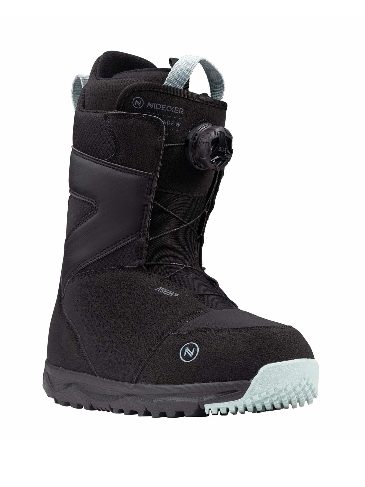 women's Nidecker Cascade snowboard boots, black with light blue accents