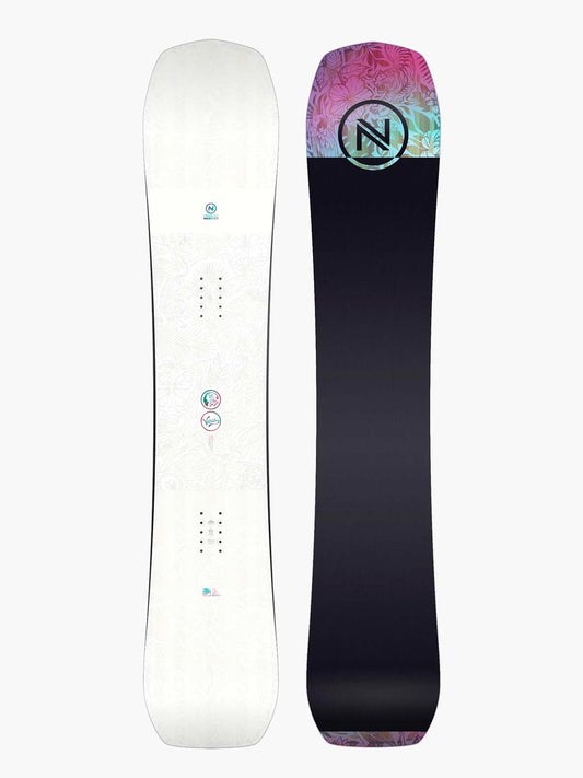 women's Nidecker Venus snowboard, white floral pattern
