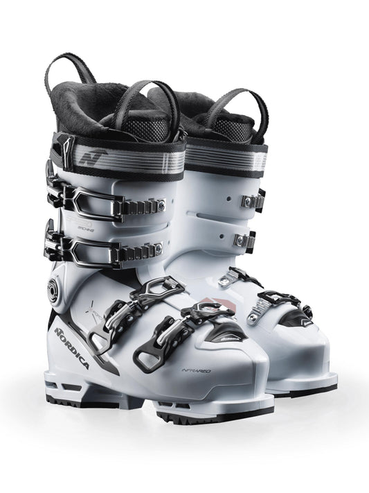 women's Nordica Speedmachine 3 ski boots, white with black buckles