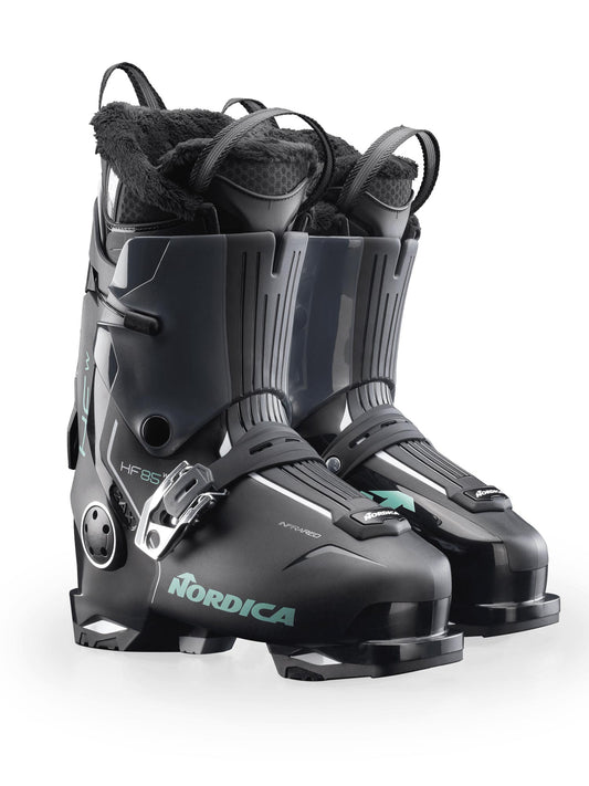women's Nordica HF ski boots, black with teal accents
