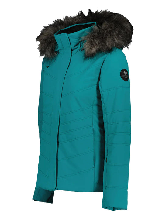 teal ski jacket with gray fur hood