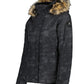 women's ski jacket, black/gray pattern with faux fur hood