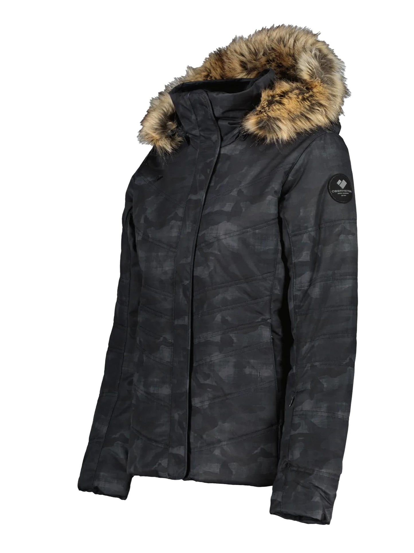 women's ski jacket, black/gray pattern with faux fur hood