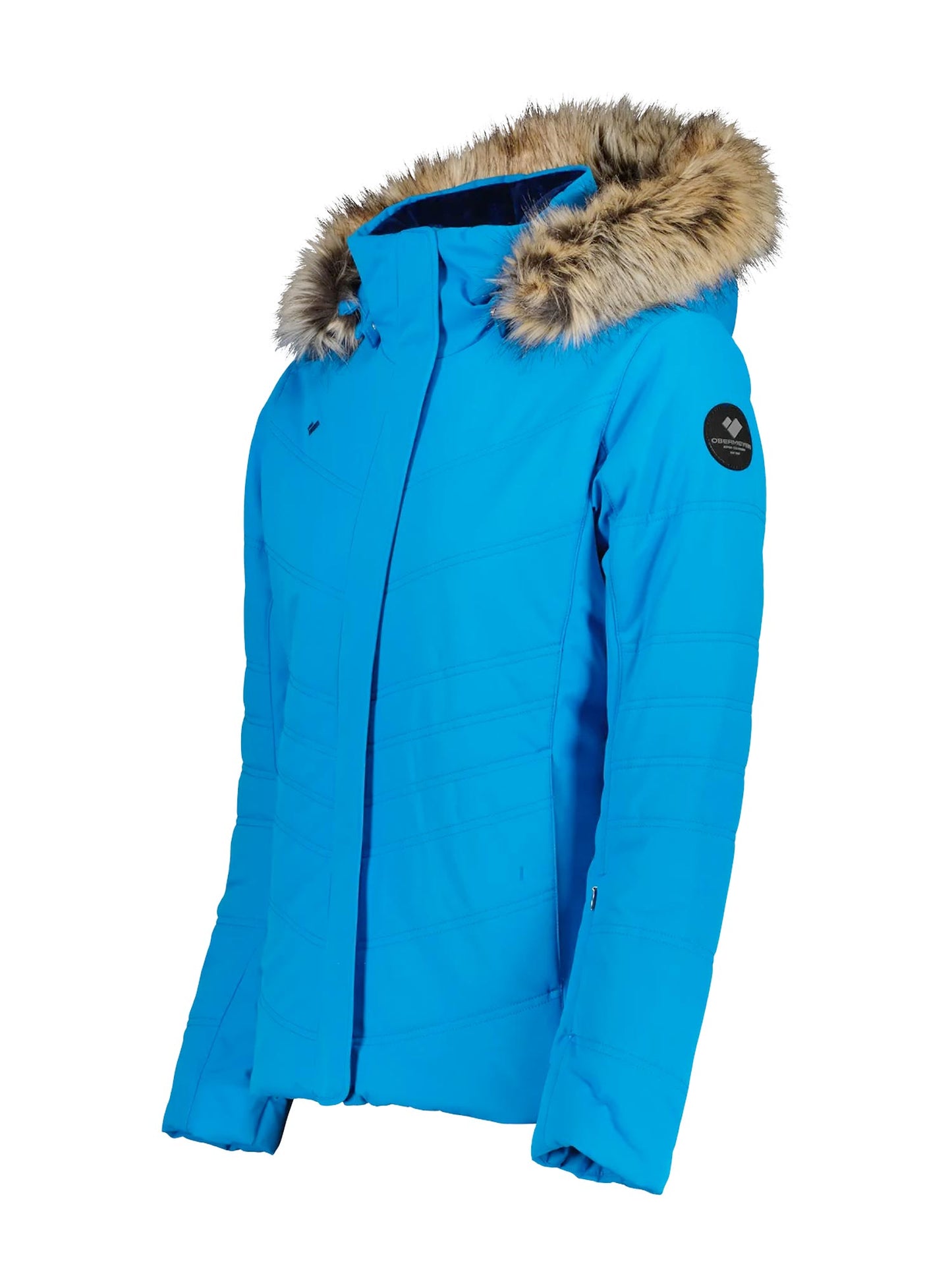 women's ski jacket, bright blue with faux fur hood