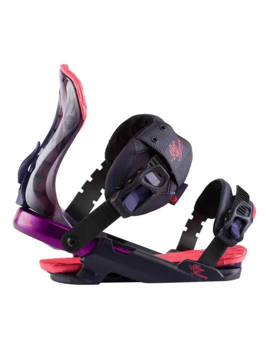 women's Rossignol After Hours snowboard bindings, black purple and coral