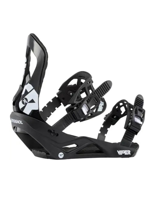 men's Rossignol Viper snowboard bindings, black with white lettering