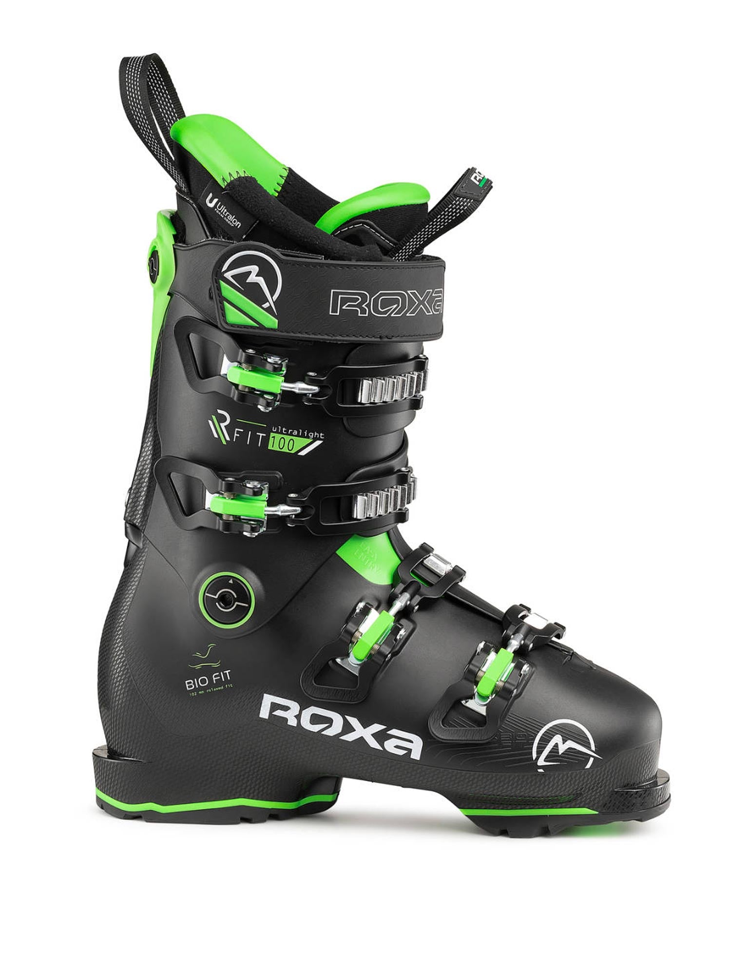 men's Roxa RFit 100 ski boots, black with lime green accents
