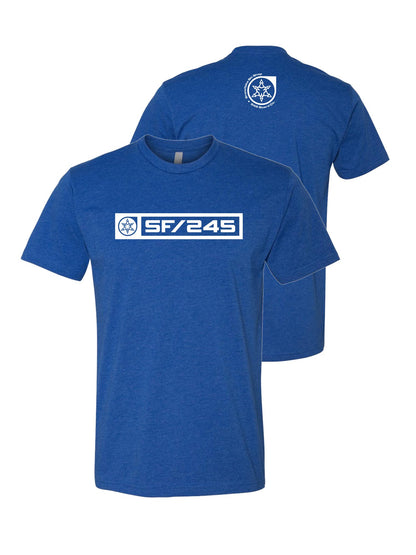 blue t-shirt with SF/245 logo
