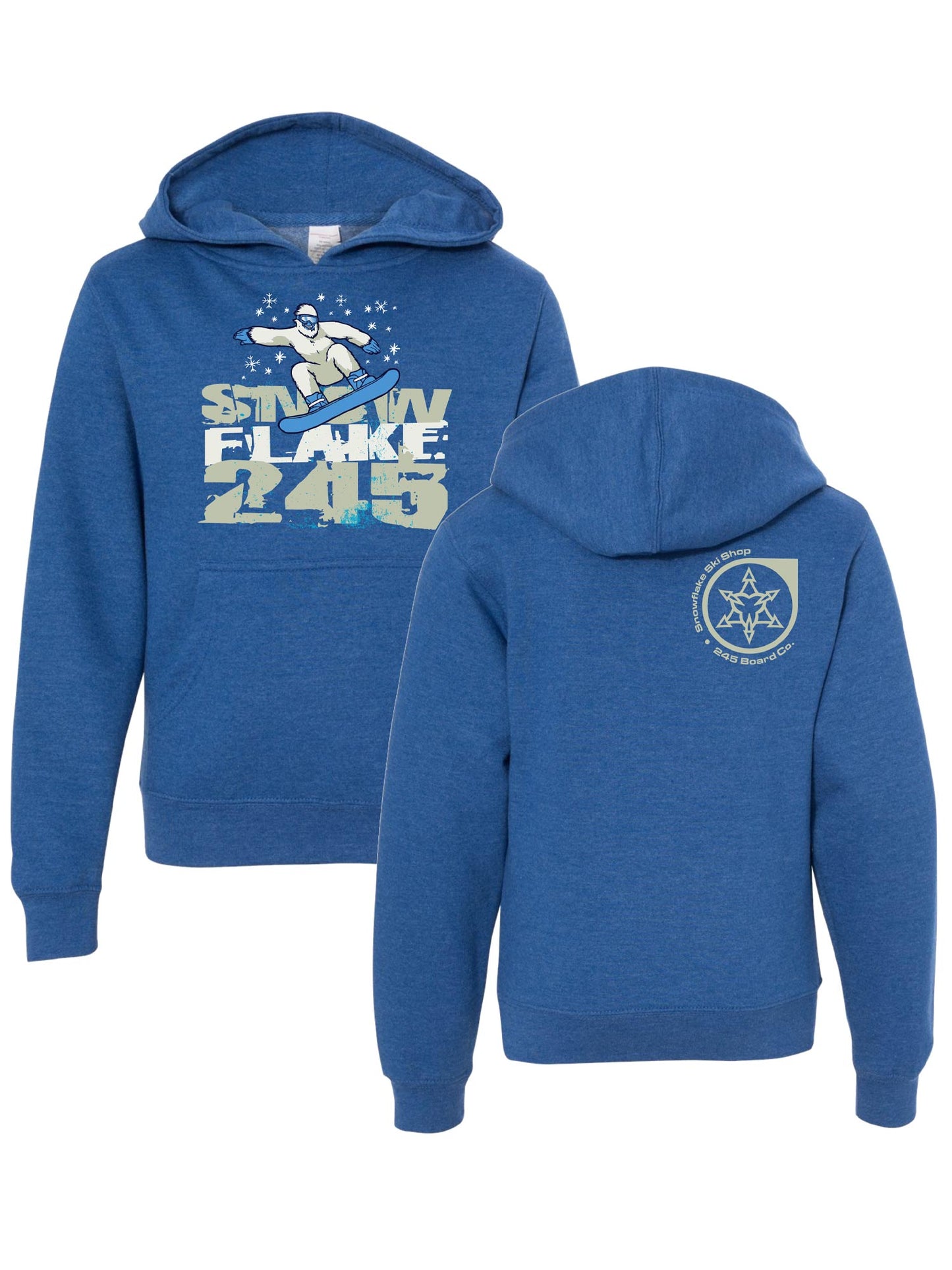 kids blue hoodie with a Yeti snowboarding graphic