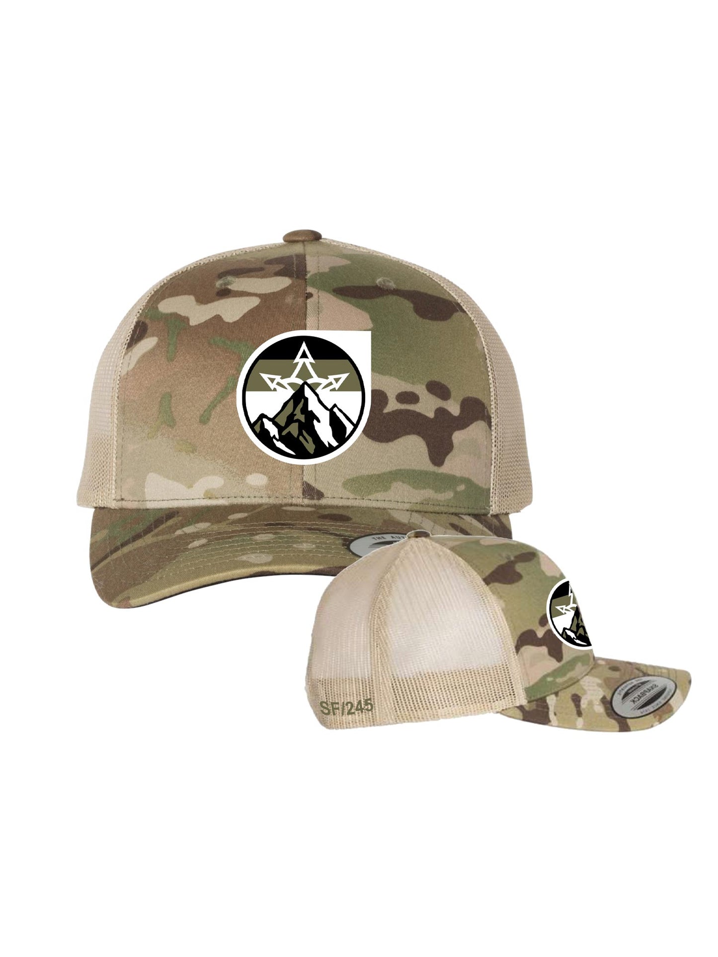 Snowflake Mountain trucker hat camo with tan back