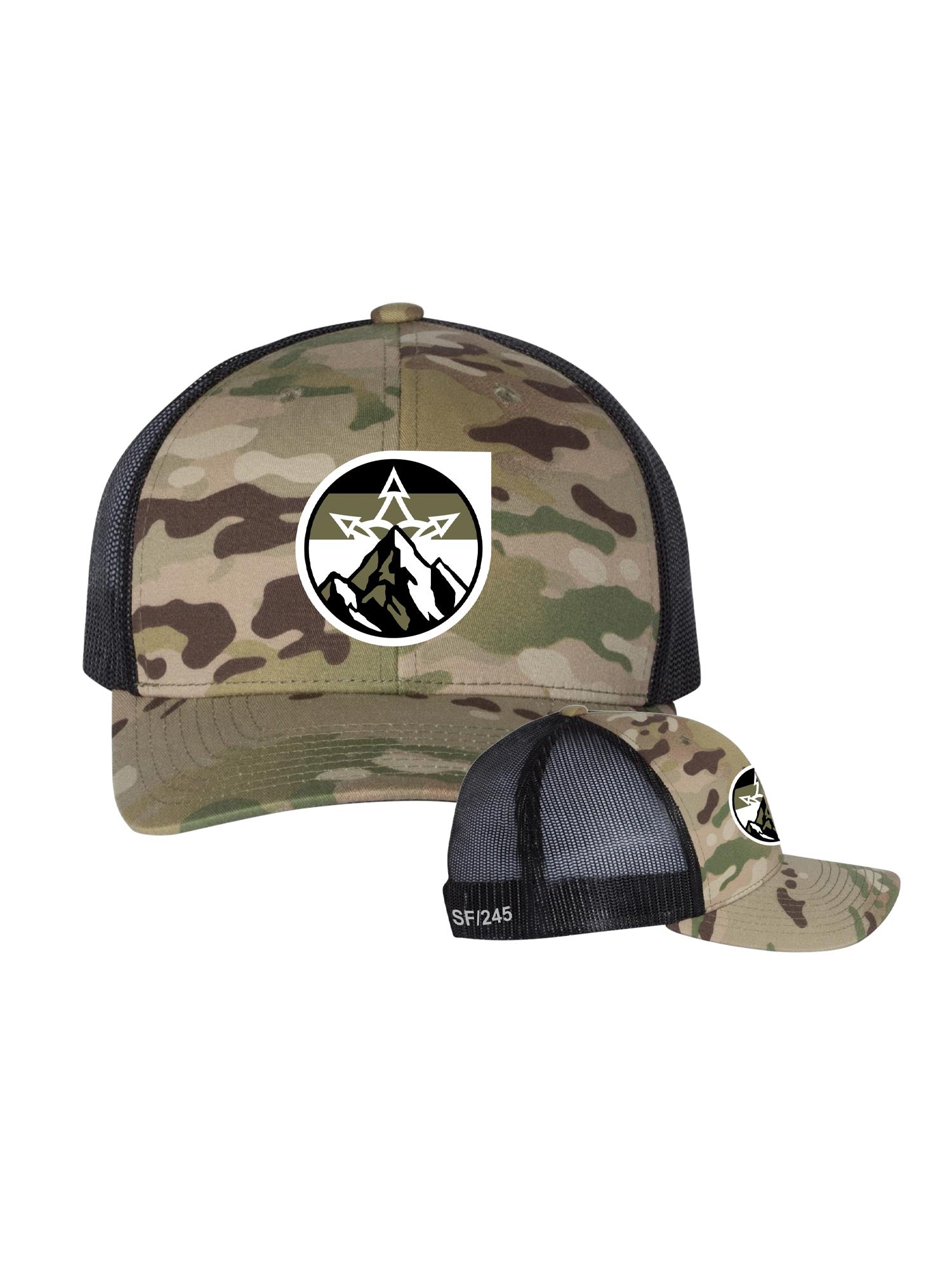 Snowflake Mountain logo hat, camo front black back