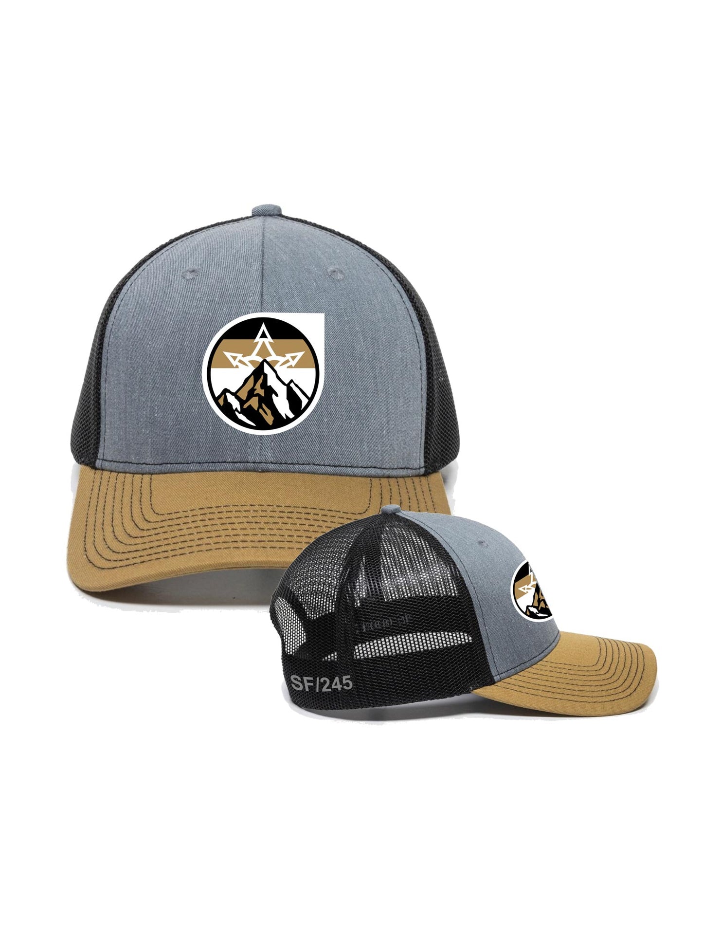 Snowflake Mountain logo hat, tan grey and  black