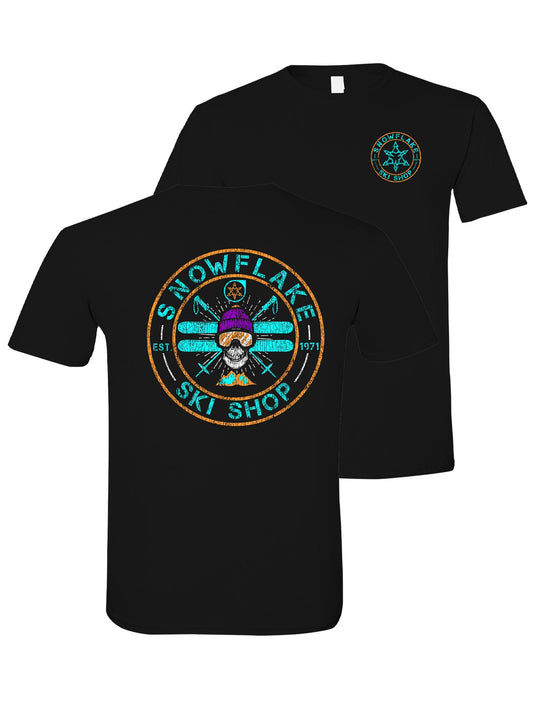 black tshirt with skier/skull logo