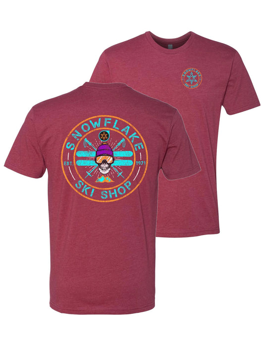red t shirt with skier/skull logo