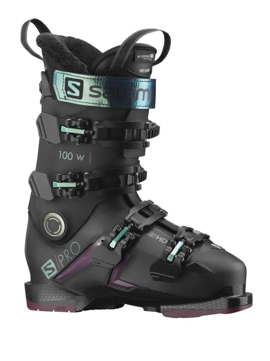 women's Salomon ski boots, black with purple and teal accents