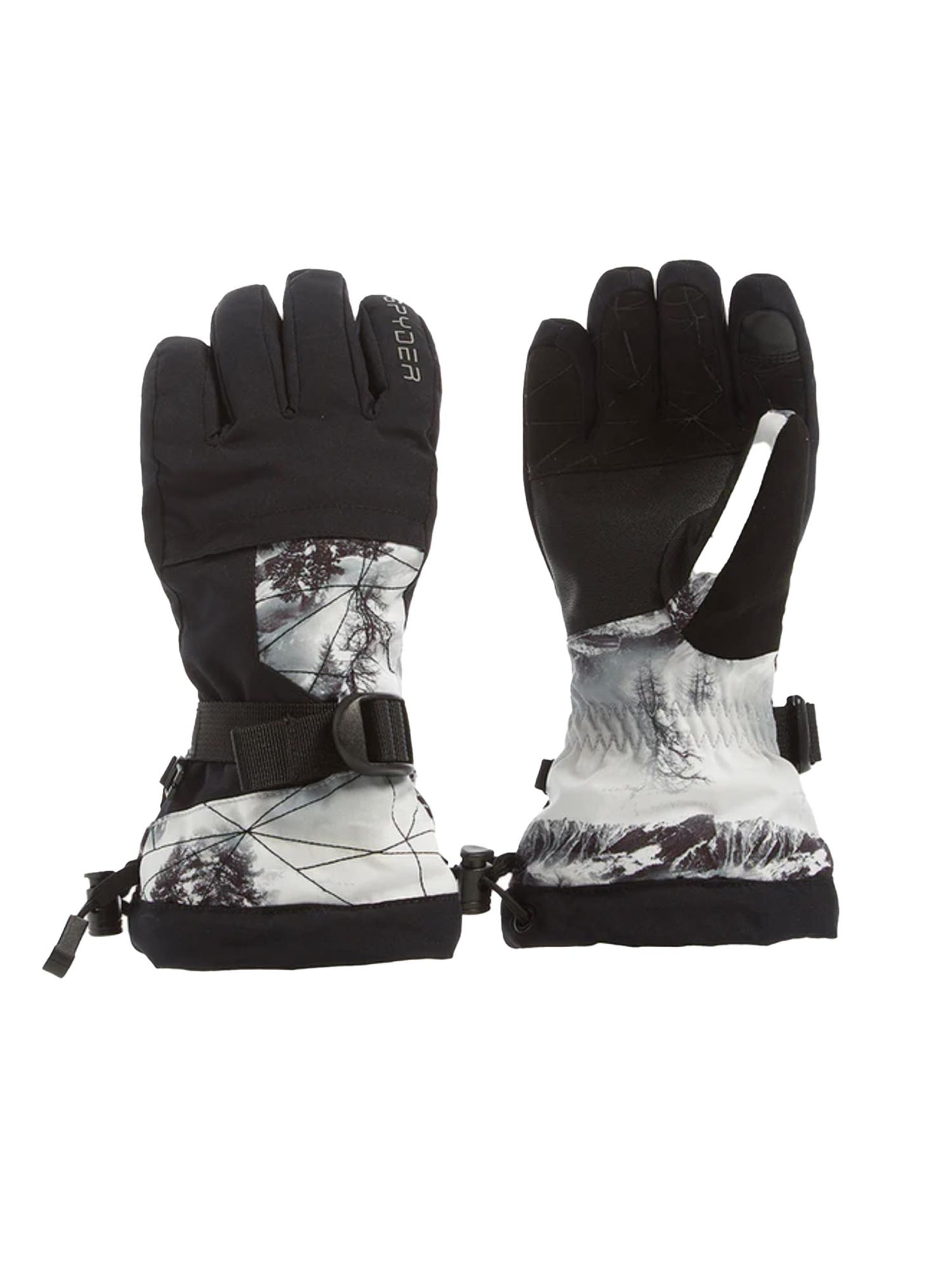 Spyder skis gloves for boys, black with tree scene