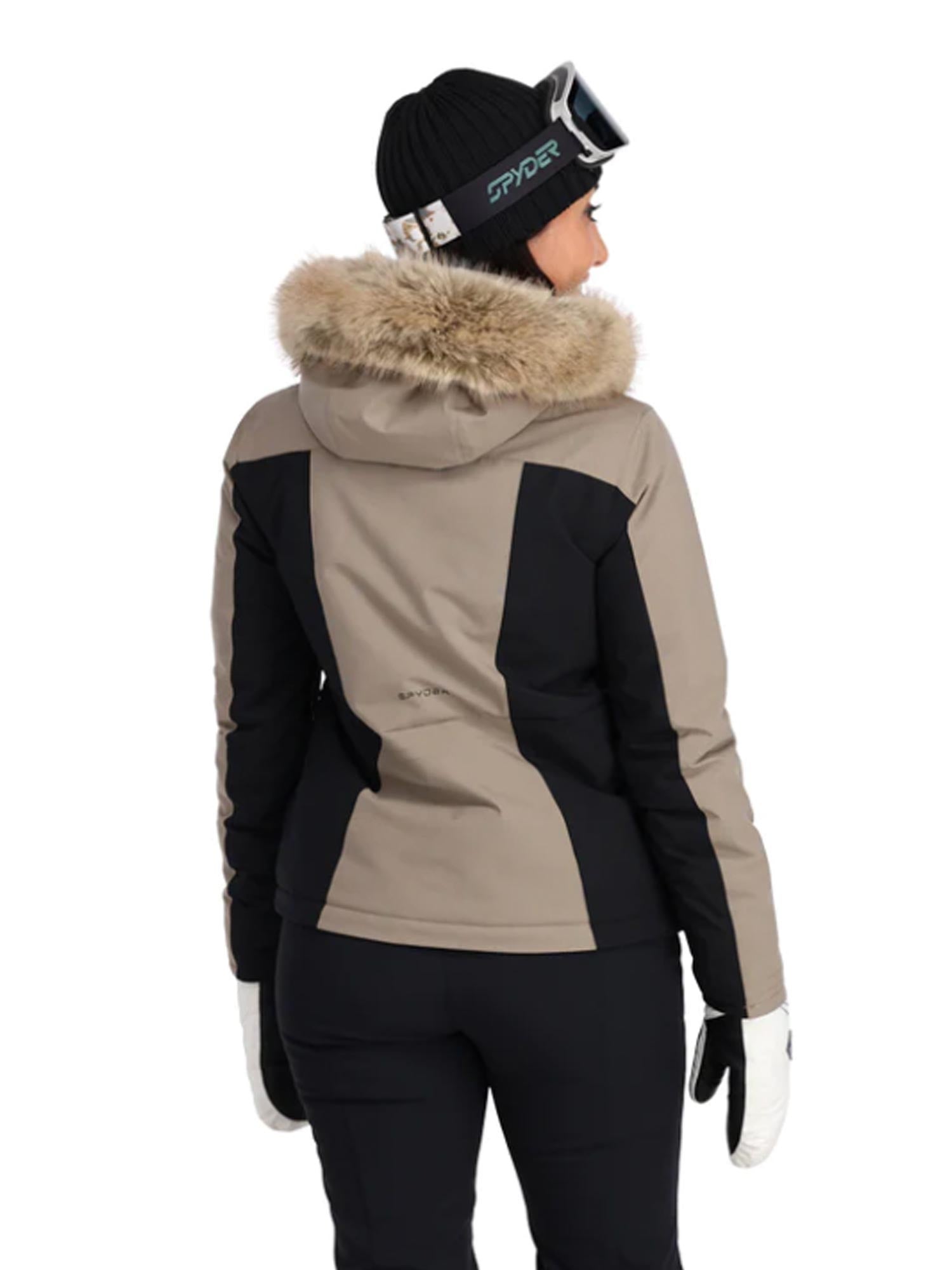 champagne and black Spyder Vida ski jacket with fur hood