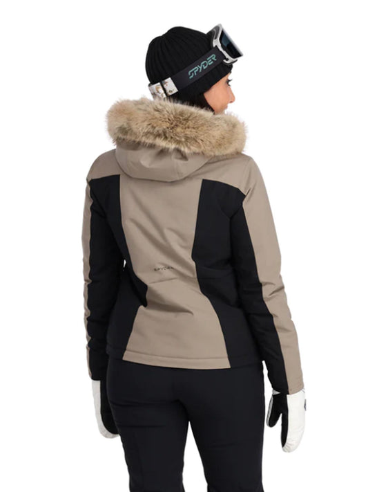 champagne and black Spyder Vida ski jacket with fur hood