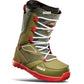 olive green and red snowboard boots