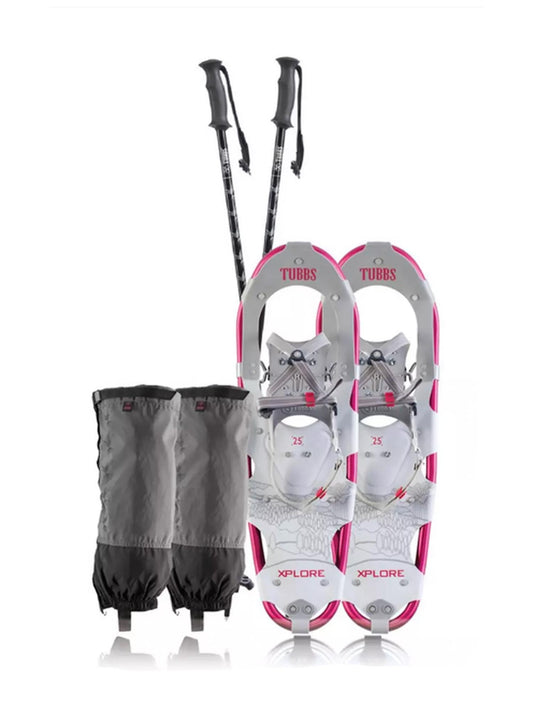 women's snowshoe kit includes snowshoes, gaiters and poles