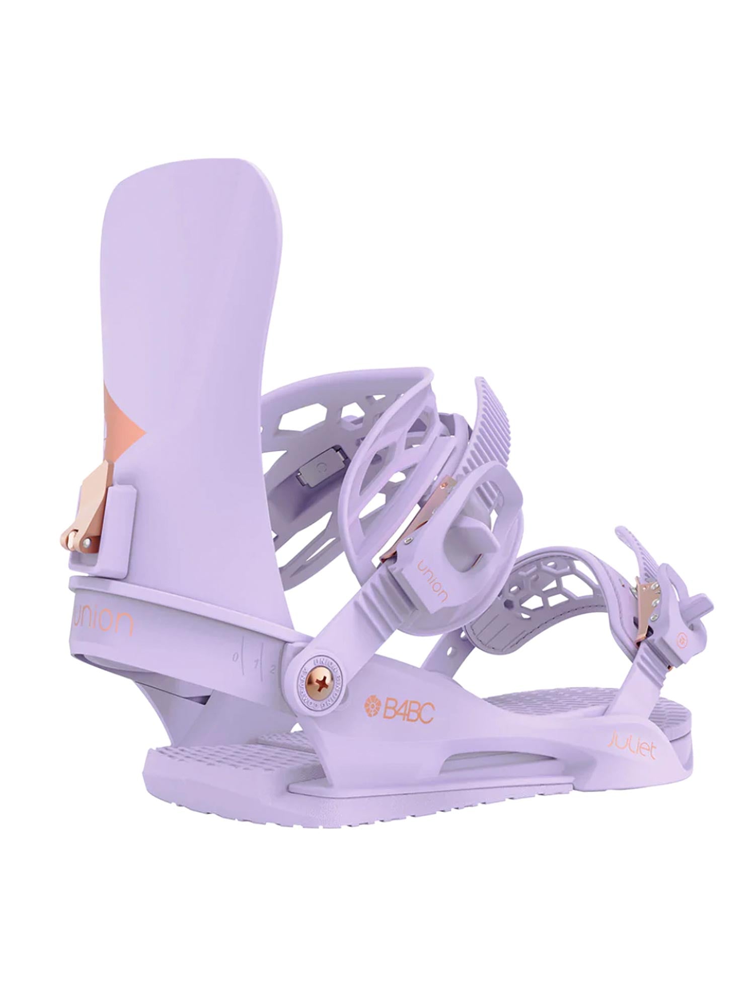 women's Union Juliet snowboard bindings, lavender with rose gold accents