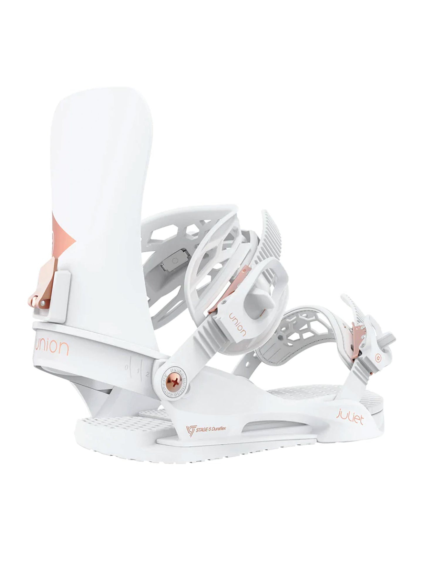 women's Union Force snowboard bindings, white with rose gold accents