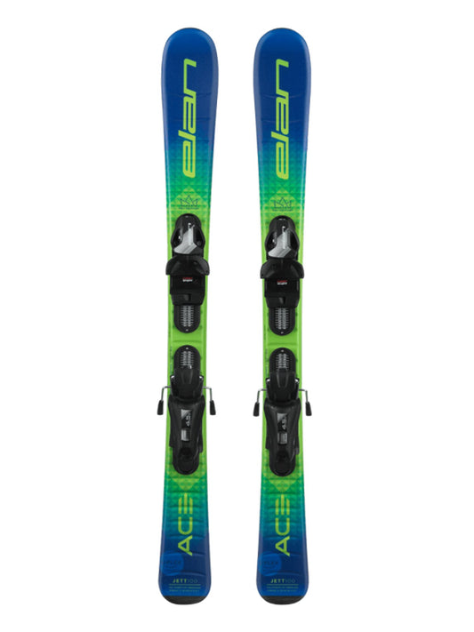 neon green & blue Elan Jett skis for kids