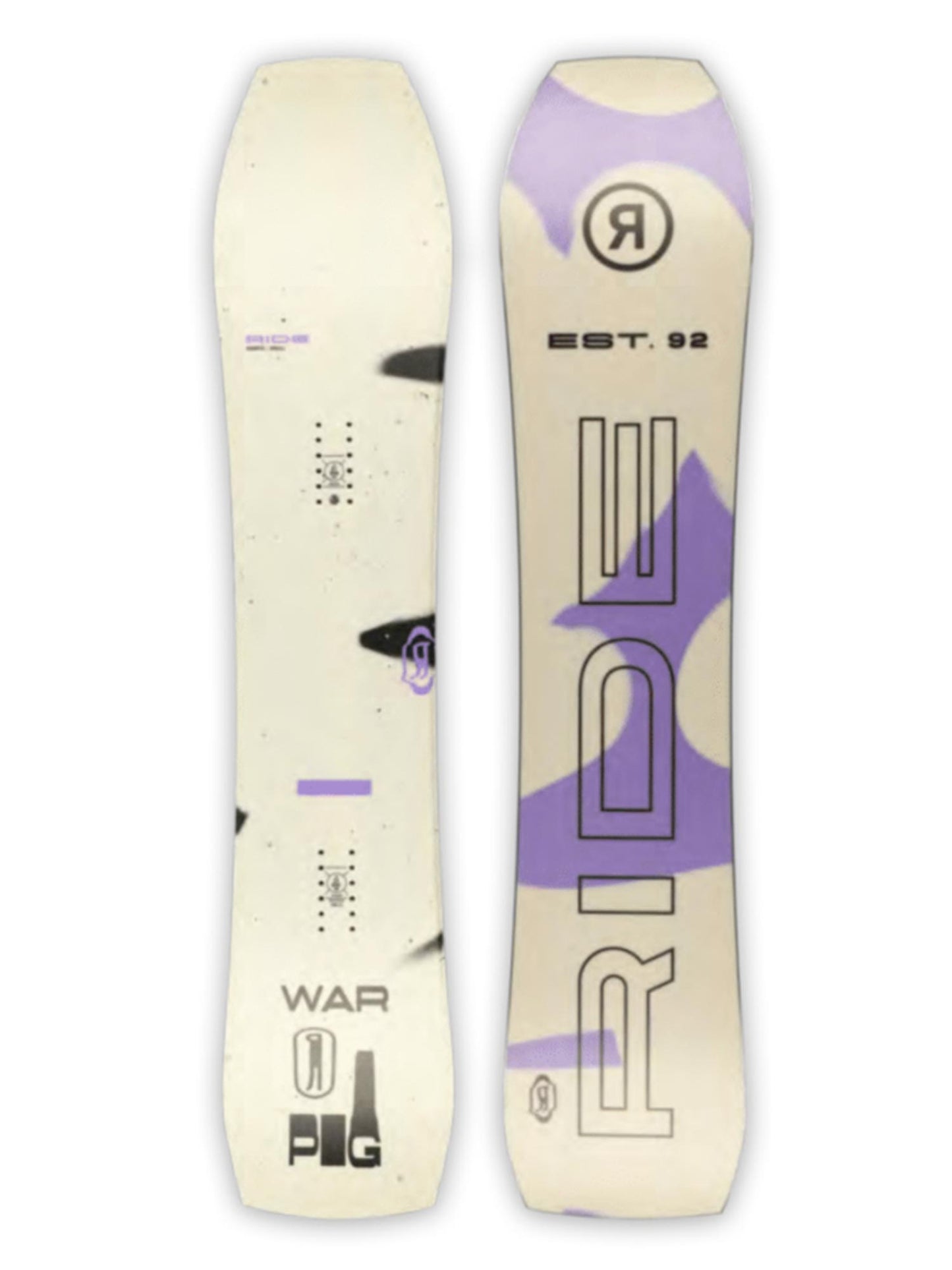 men's Ride Warpig snwobard, off white with purple and black accents