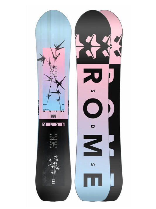 women's Rome Muse snowboard, black, powder blue and light pink