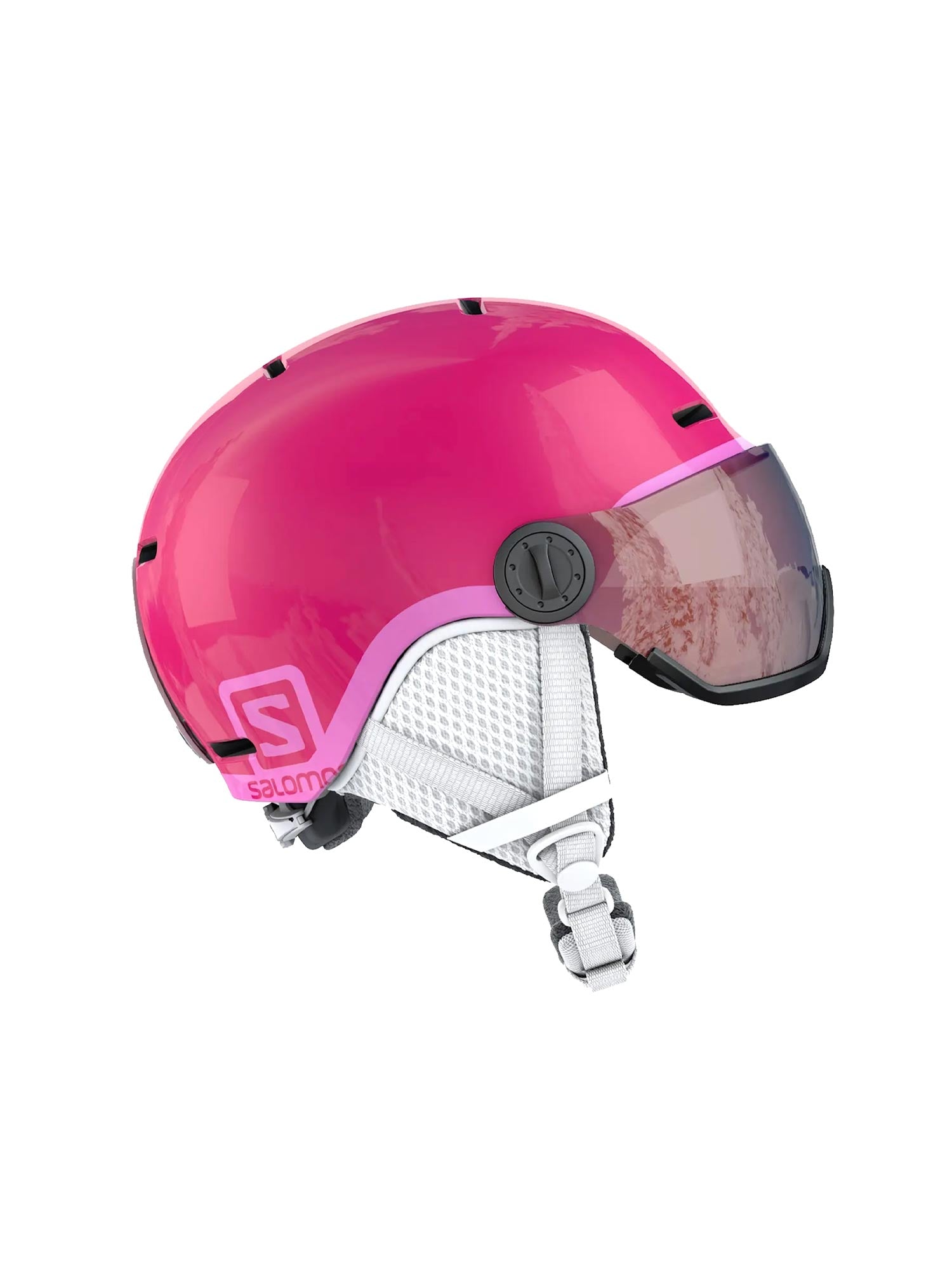 kids' Salmon visor ski/snowboard helmet with built in googles, pink